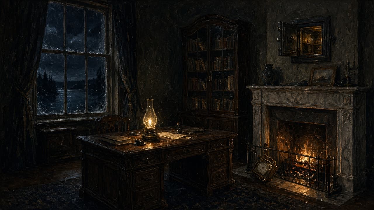 Illustrated empty study at night: marble hearth, oil lamp, partner desk, and a glass book case. No people.