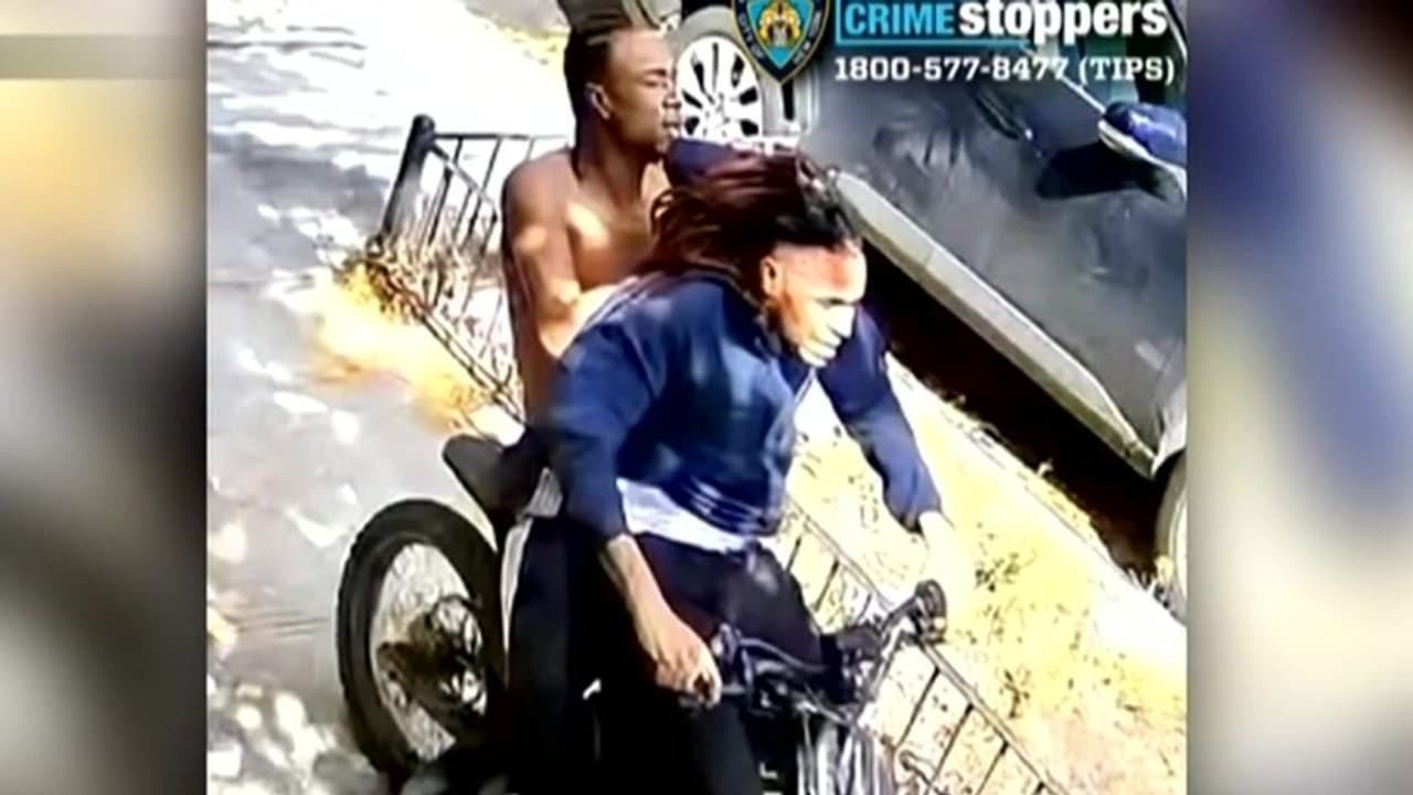 NYPD Crime Stoppers surveillance image of two men on an e-bike in the Bronx