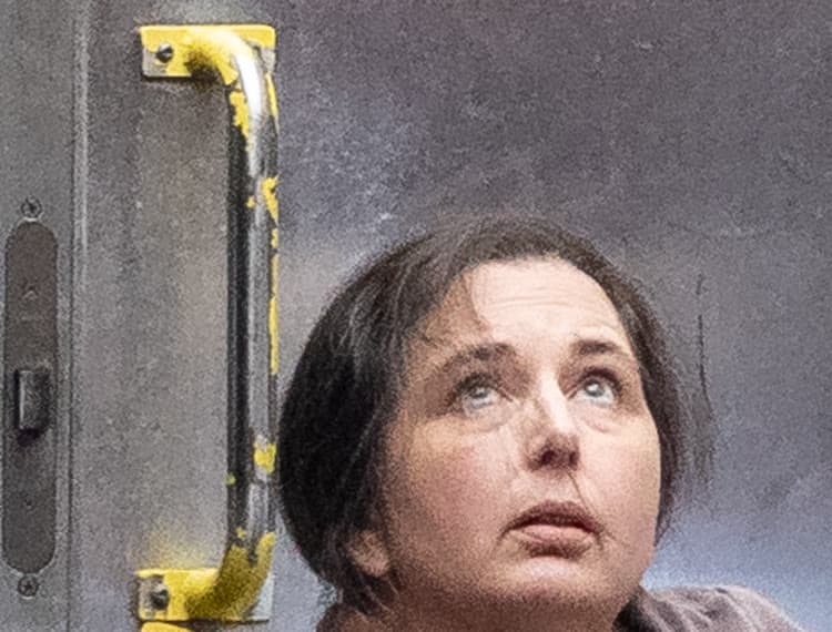 Erin Patterson in a prison van doorway