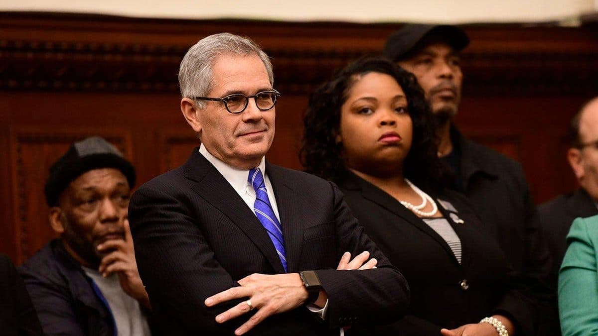 Philadelphia District Attorney Larry Krasner at a lectern